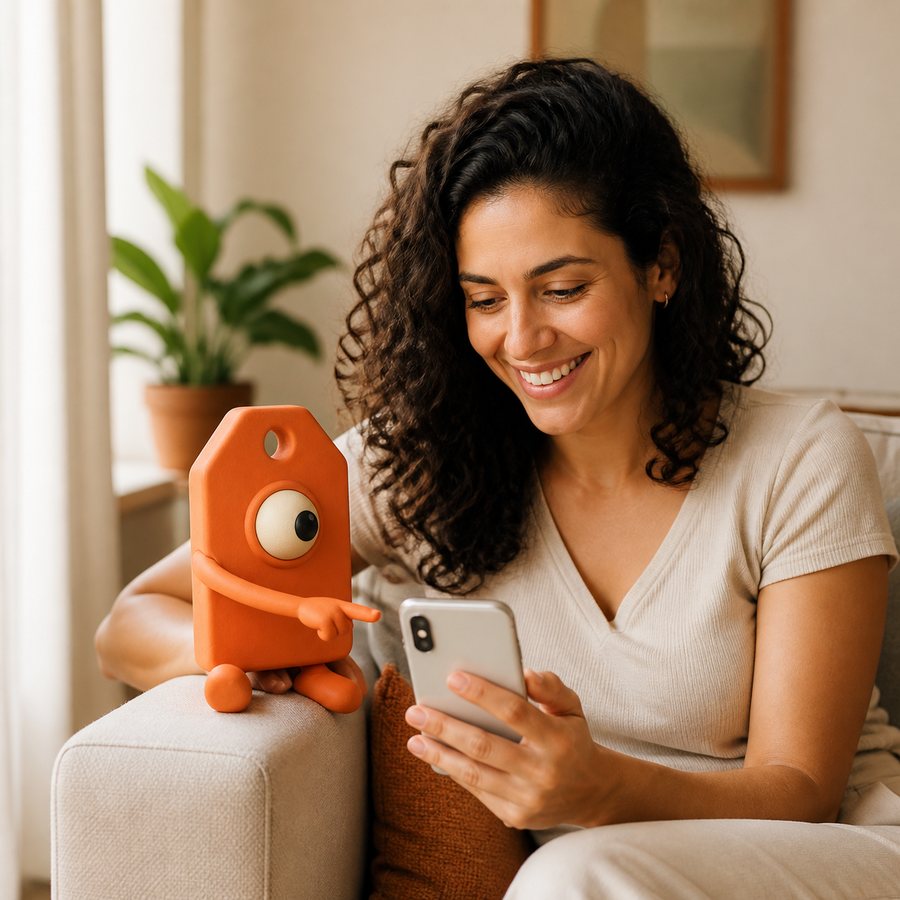 Woman on the couch checking an offer with the Achadu character